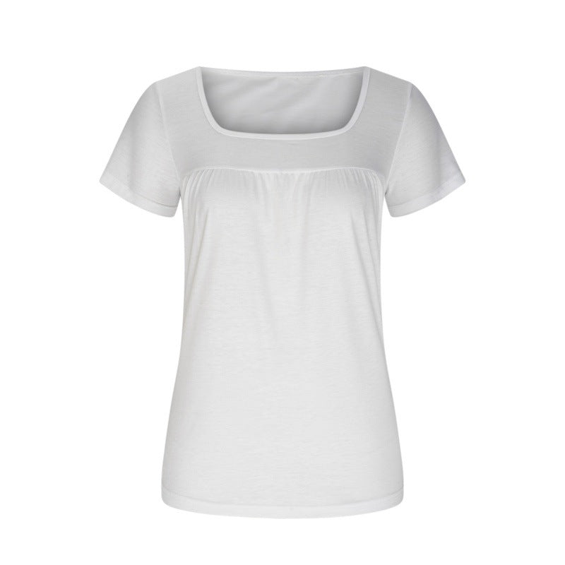 Women's Square Collar Pleated Solid Color Short-sleeved T-shirt