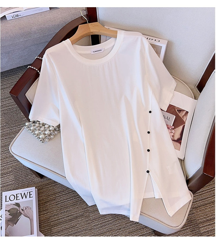 Round Neck New Plus-sized Plus Size Slimming Loose Mid-length Short Sleeve