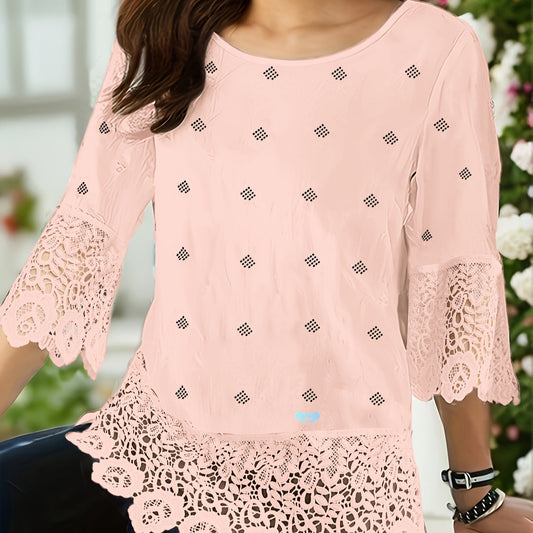 Solid Color Lace Trim Shirt Three-quarter Sleeve Solid Color Contrast Color Lace